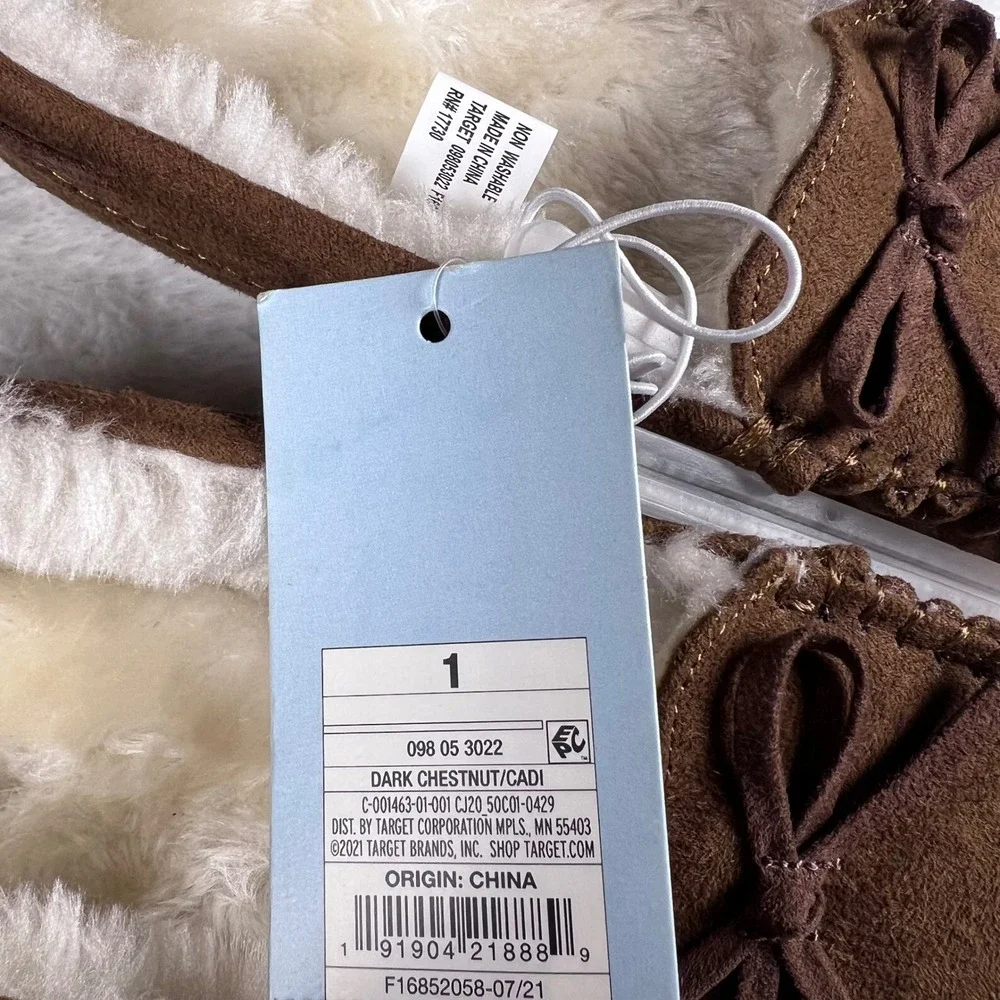 Cat and Jack Kids Brown Moccasin Slippers‎ Fuzzy Lined Bow Size 1 NWT